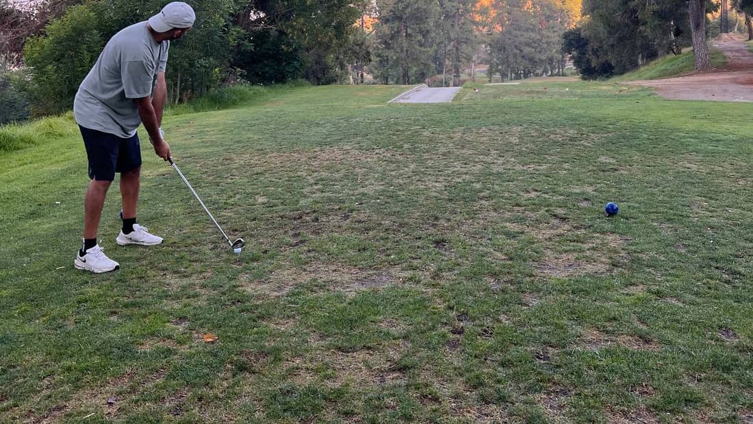 A golfer preparing an iron shot from a tree-lined tee